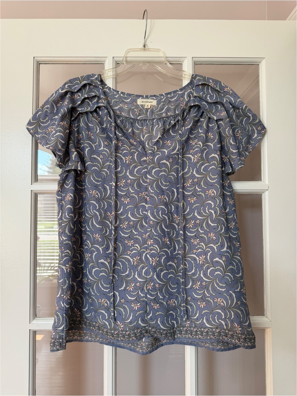 Max Studio Blue Floral Print Ruffle Sleeve Blouse